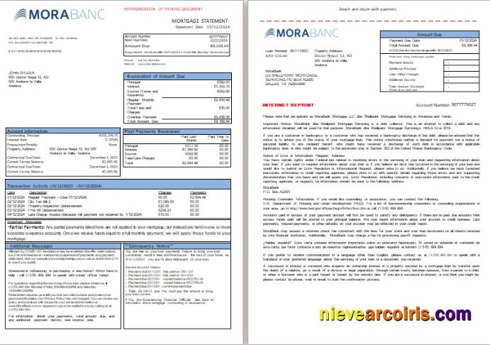 Andorra MoraBank bank mortgage statement, 3 pages, 1-2